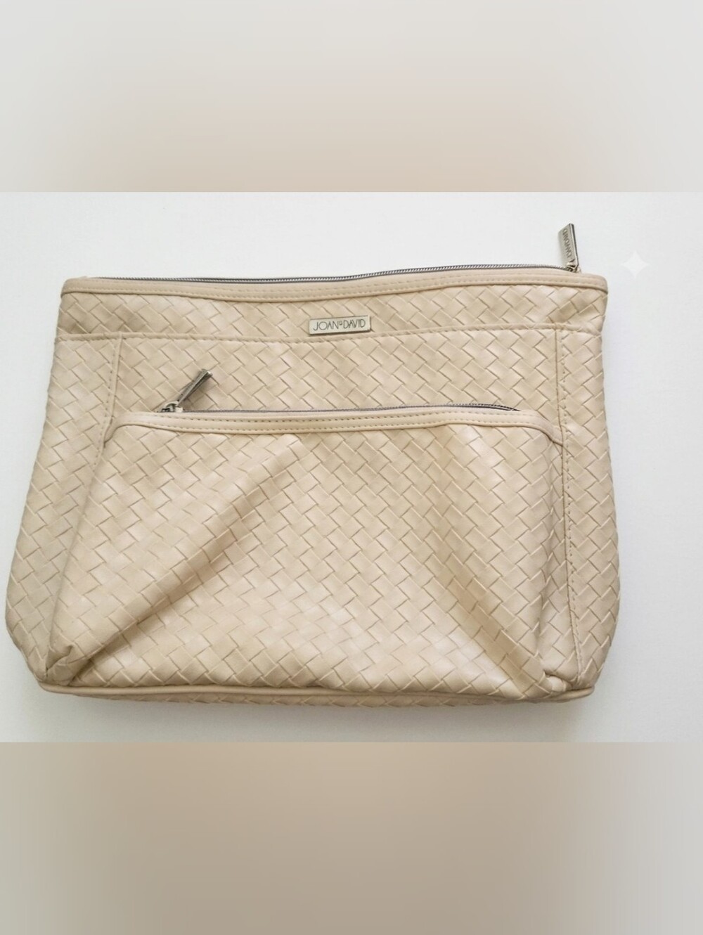 Joan & David Beige Woven Leather Clutch with Front Zip Pocket